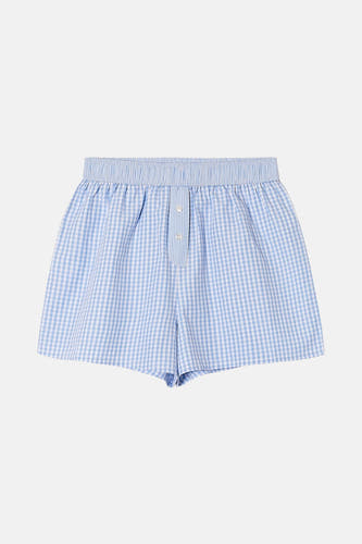 Short bleu de TALLY WEIJL avec un imprimé à carreaux blancs et bleus et une ceinture élastique.
