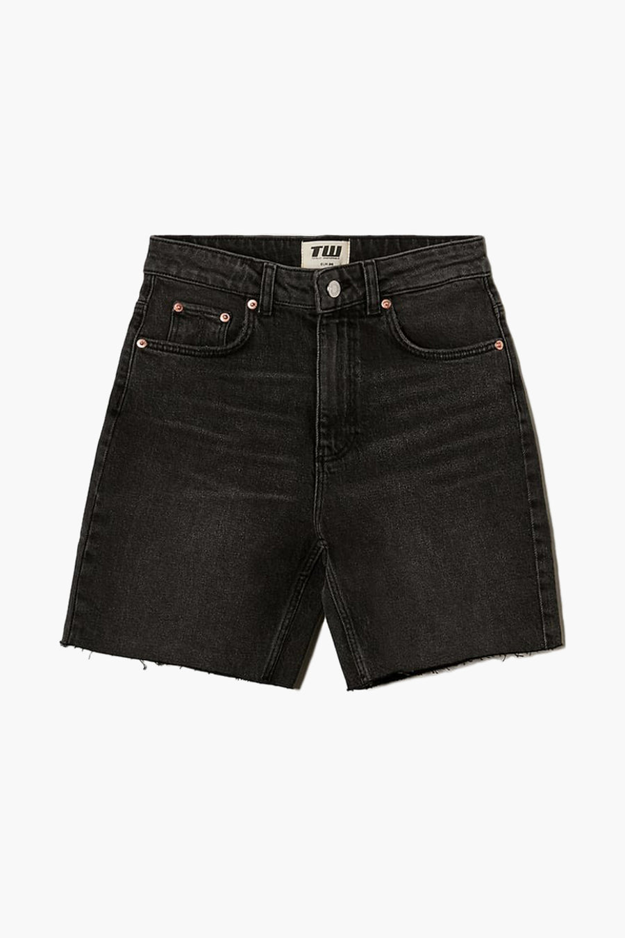 Zwarte denim shorts met gerafelde rand.