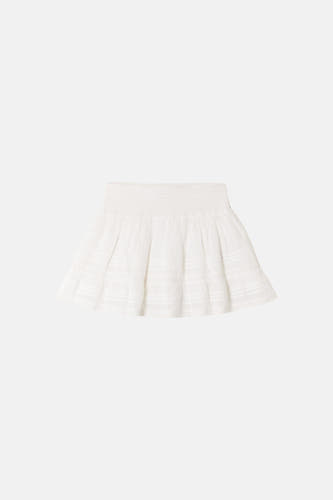 Jupe courte blanche de TALLY WEIJL avec taille smockée et volants superposés.