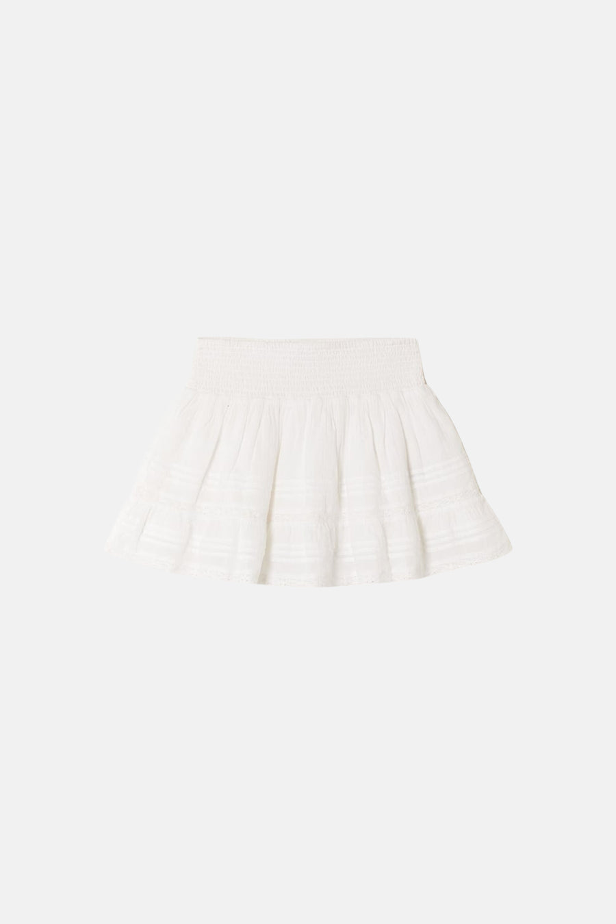 Jupe courte blanche de TALLY WEIJL avec taille smockée et volants superposés.