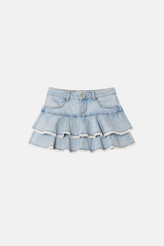 Lichtblauwe denim rok met ruches van TALLY WEIJL, voorzien van zakken en geborduurde randen, front view