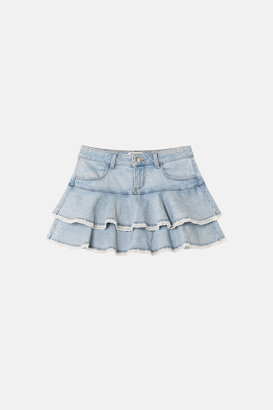 Lichtblauwe denim rok met ruches van TALLY WEIJL, voorzien van zakken en geborduurde randen, front view
