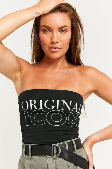 T-shirt sans manches noir de TALLY WEIJL, avec une impression 'ORIGINAL ICON' blanche et un cordon noir.