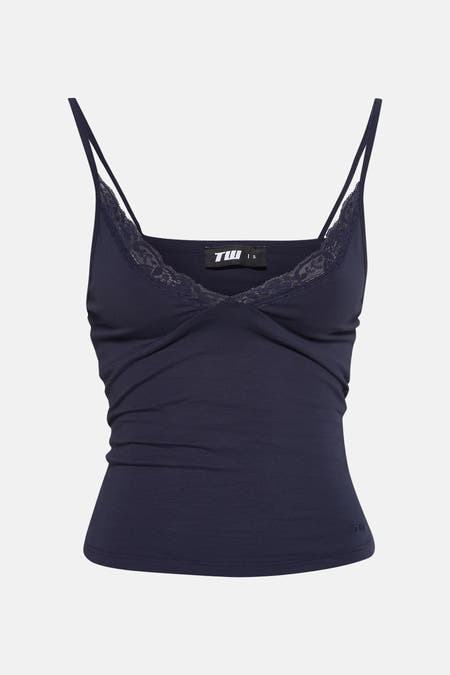 T-shirt bleu avec des rubans spaghetti de TALLY WEIJL, fini avec des détails bordés.