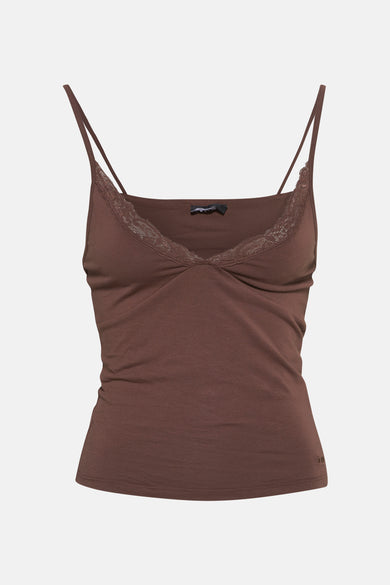 T-shirt marron avec des bandes de spaghetti de TALLY WEIJL, avec des détails sur les bords le la ligne du cou.