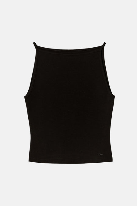 Zwart mouwloos top van TALLY WEIJL, strakke pasvorm, gladde stof, rugzicht, klein logo onderaan