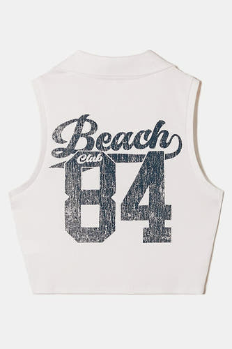 T-shirt sans manches blanc de TALLY WEIJL avec impression bleue 'Beach Club 84', dos nu.