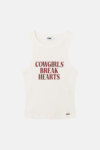 Witte tanktop met rode tekst "COWGIRLS BREAK HEARTS" van TALLY WEIJL, ribbelstructuur, ronde hals, front view