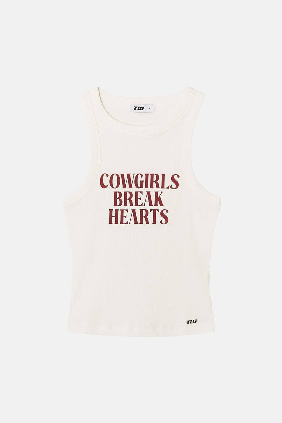 Witte tanktop met rode tekst "COWGIRLS BREAK HEARTS" van TALLY WEIJL, ribbelstructuur, ronde hals, front view