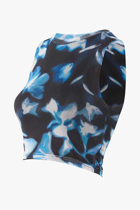 Top multicolore sans manches avec imprimé floral bleu et blanc de TALLY WEIJL, coupe ajustée, découpé sur le côté