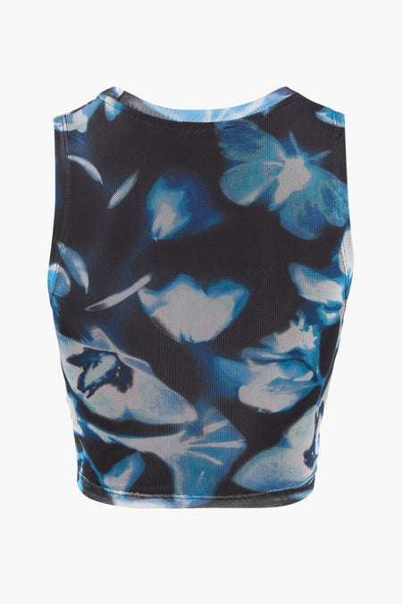 Top multicolore sans manches avec imprimé floral bleu et blanc de TALLY WEIJL, coupe ajustée, vue du dos