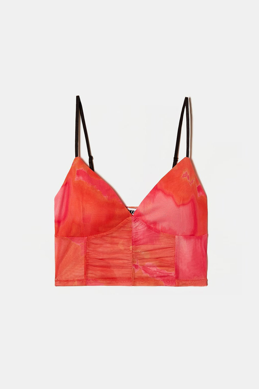 Oranje-roze crop top met dunne zwarte bandjes.