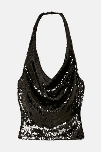 Blouse noire sans manches de TALLY WEIJL, avec paillettes et un modèle en V.