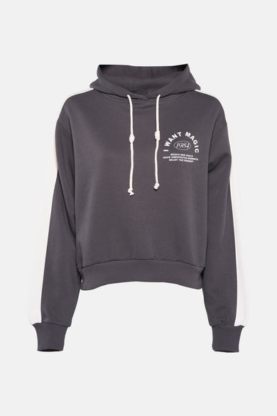 Pull-over gris avec capuche de TALLY WEIJL, avec des longues bandes blanches sur les manches et une ceinture.