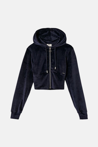 Donkerblauwe velours hoodie met ritssluiting.