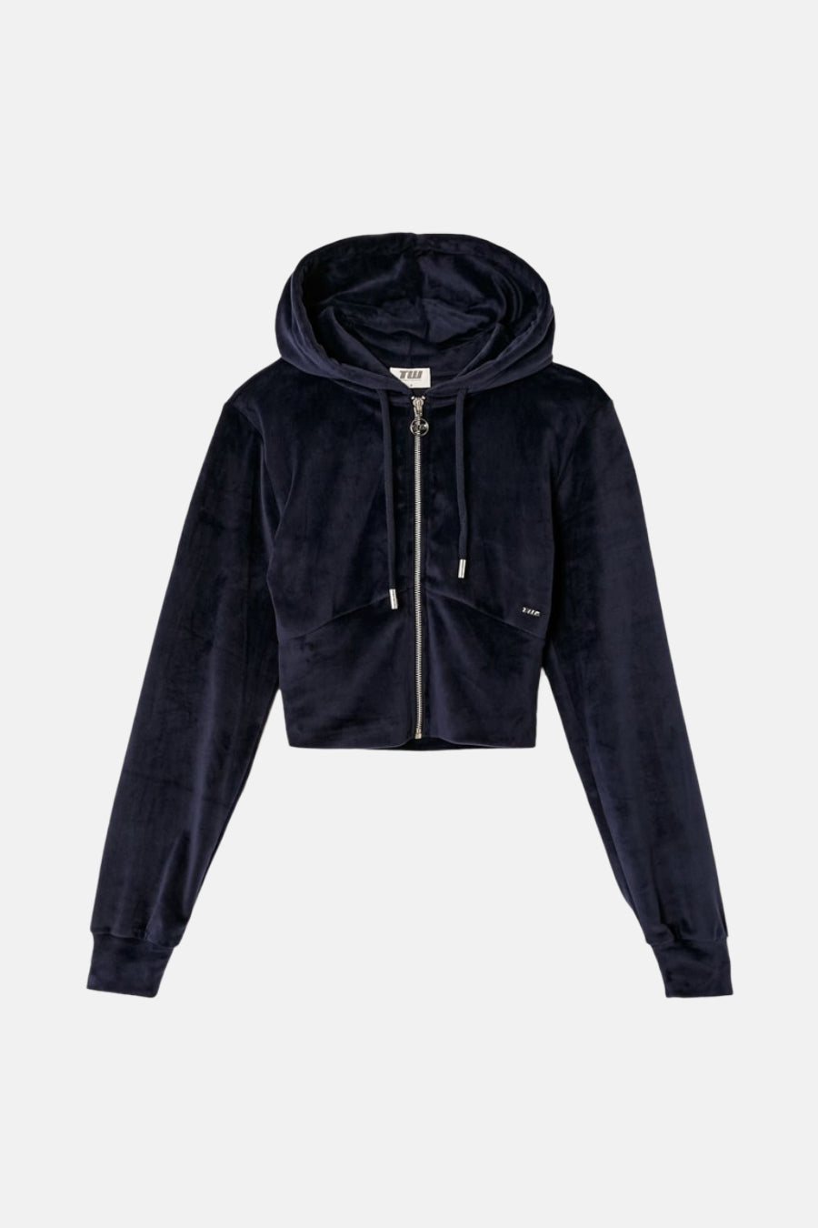 Donkerblauwe velours hoodie met ritssluiting.