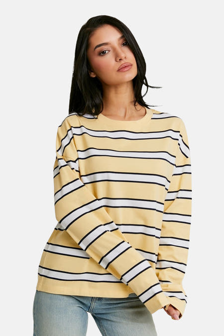 Geel T-shirt met lange mouwen van TALLY WEIJL, met zwarte en witte horizontale strepen.