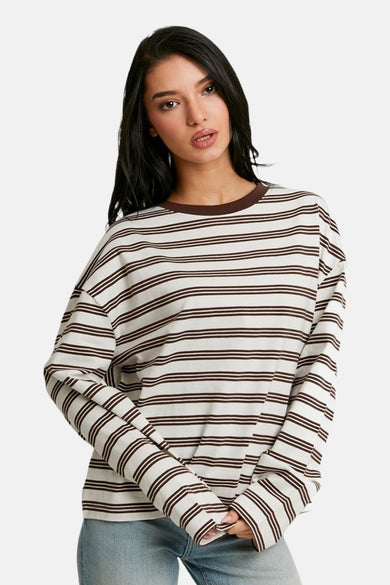 T-shirt à manches longues multicolore de TALLY WEIJL, avec un motif à rayures marron et blanc.