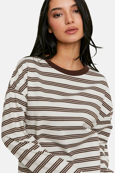 T-shirt multicolore à manches longues de TALLY WEIJL, avec des rayures marron et un col rond.