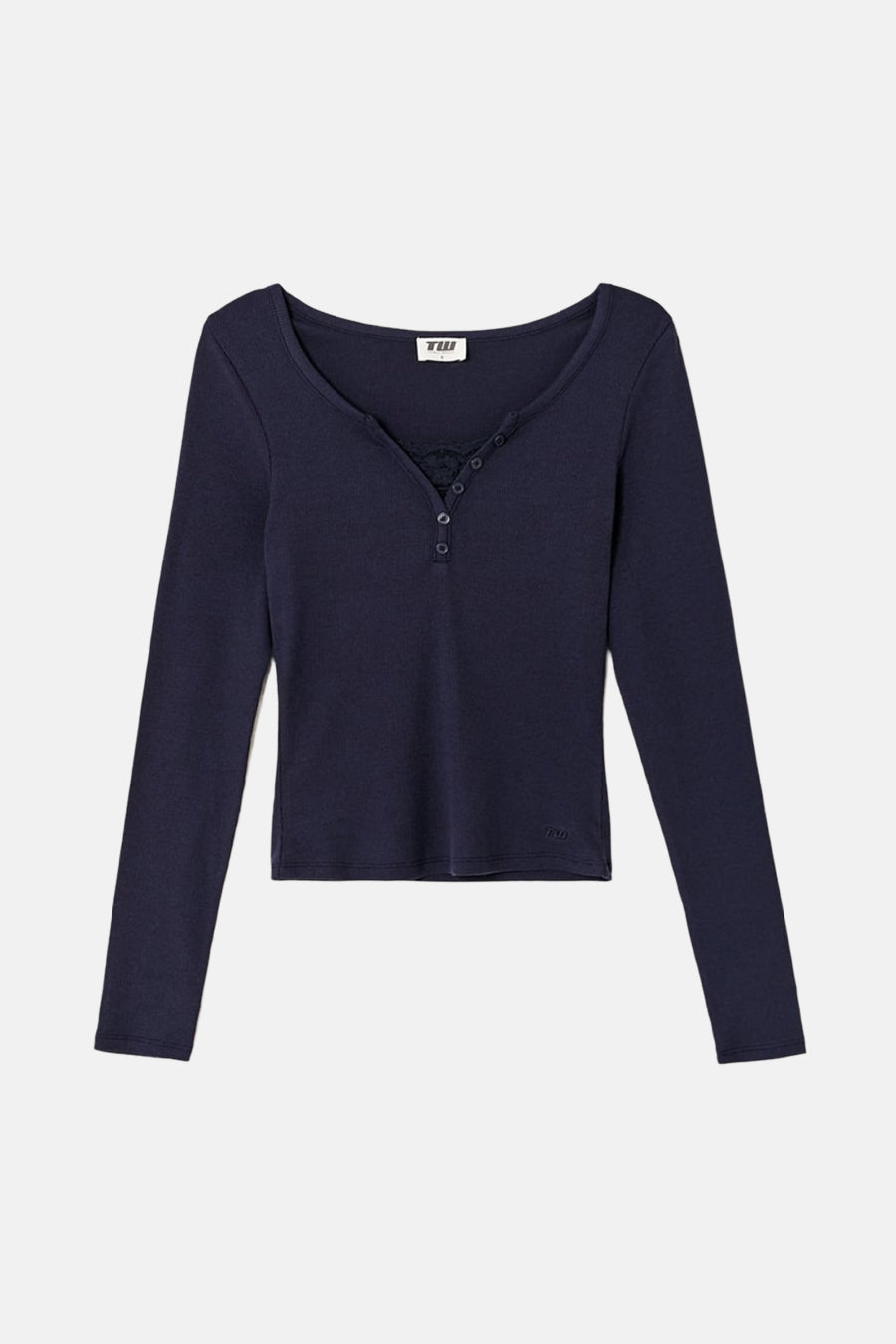 Blauw T-shirt met lange mouwen van TALLY WEIJL, met knoopdetail en kant bij de halslijn.