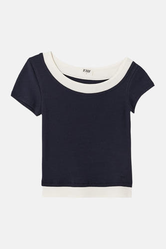 T-shirt bleu à manches courtes avec bords côtelés crème de TALLY WEIJL, avec un col rond large et un ourlet superposé.