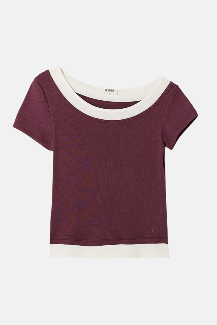 T-shirt côtelé violet à manches courtes, col rond large et bordure blanche au col et à l'ourlet de TALLY WEIJL.