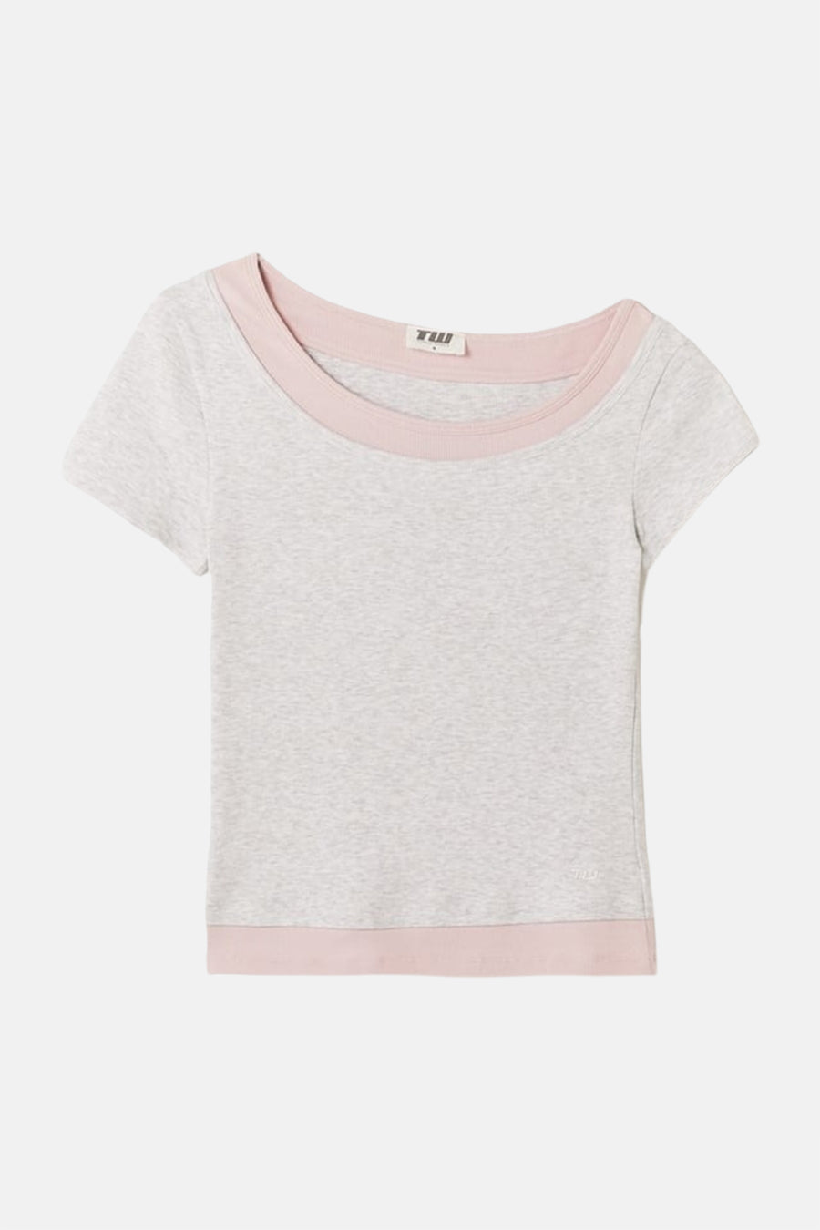T-shirt gris chiné à manches courtes de TALLY WEIJL, avec bords roses, encolure bateau et petit label TW dans la nuque.