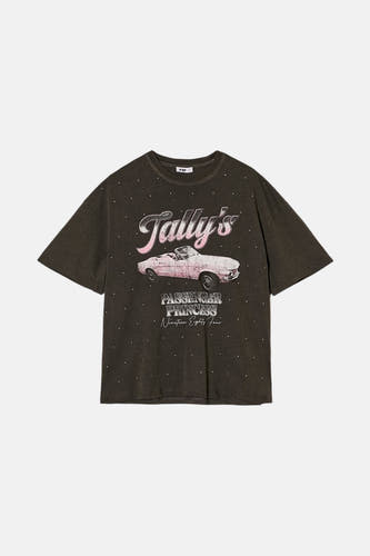 T-shirt gris à manches courtes de TALLY WEIJL, avec imprimé vintage d'une voiture et lettres élégantes.