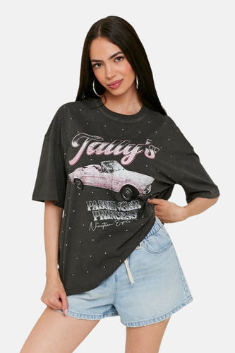 T-shirt gris à manches courtes de TALLY WEIJL, avec un imprimé auto rétro et des points blancs.