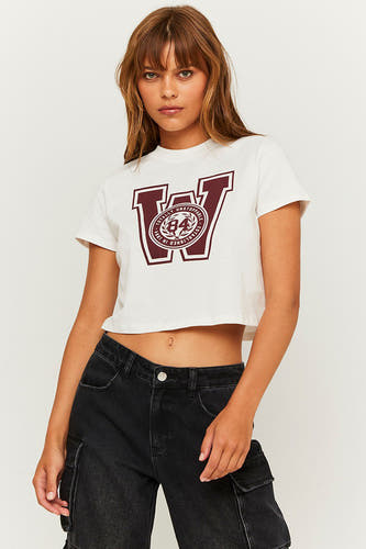 T-shirt blanc de TALLY WEIJL avec une impression rouge foncé de la lettre "W" et un logo.
