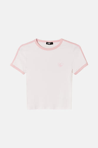 T-shirt blanc à manches courtes de TALLY WEIJL, fini avec des détails roses et une impression en forme de cœur.