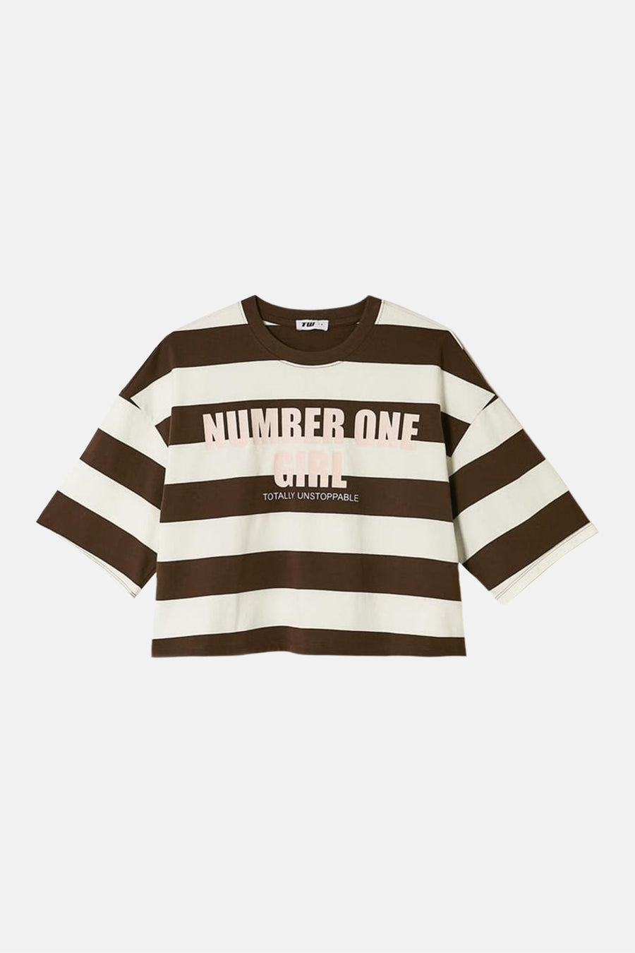 T-shirt rayé marron de TALLY WEIJL avec des rayures blanches et un imprimé texte rose et noir.