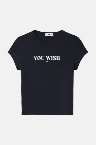 T-shirt bleu à manches courtes de TALLY WEIJL avec imprimé blanc 'YOU WISH' et petit logo TW.