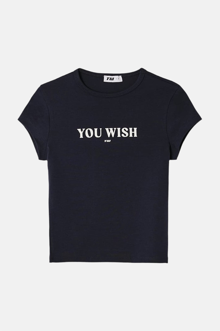 T-shirt bleu à manches courtes de TALLY WEIJL avec imprimé blanc 'YOU WISH' et petit logo TW.