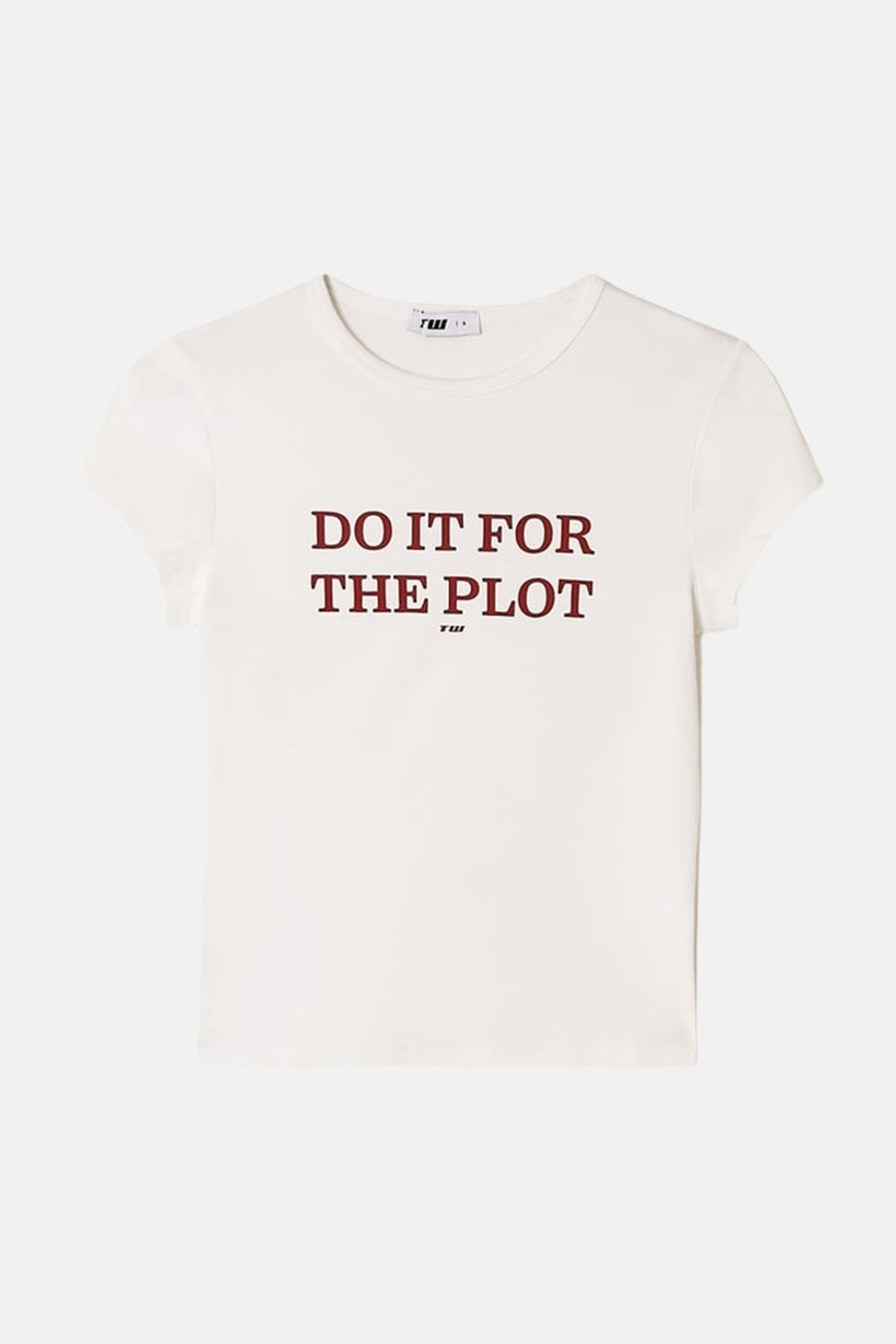 T-shirt blanc de TALLY WEIJL, à manches courtes et avec un imprimé texte rouge foncé sur le devant.