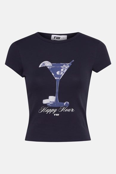 T-shirt bleu à manches courtes de TALLY WEIJL, avec une impression d'un verre à cocktail et le texte "Happy Hour".