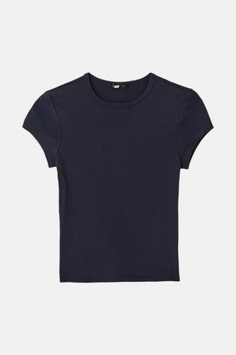 T-shirt bleu à manches courtes de TALLY WEIJL, avec col rond, coupe ajustée et petit logo sur l'ourlet.
