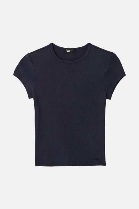 T-shirt bleu à manches courtes de TALLY WEIJL, avec col rond, coupe ajustée et petit logo sur l'ourlet.