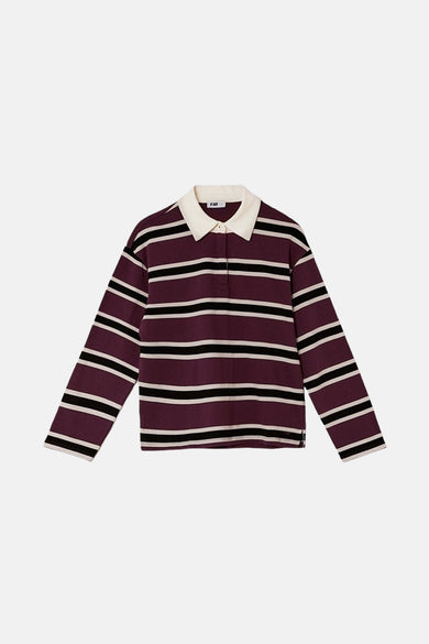 Polo Bordeaux à longues manches de TALLY WEIJL, avec un motif rayé et une collet blanche.