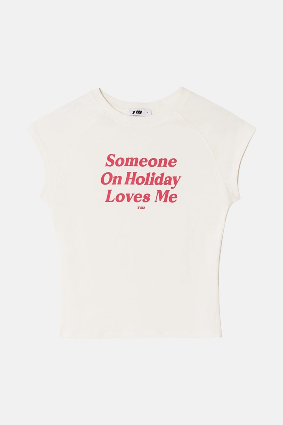 Witte korte mouwen t-shirt van TALLY WEIJL met roze tekst "Someone On Holiday Loves Me" en ronde hals, front view