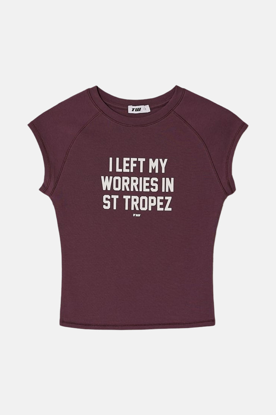 Paarse korte mouwen t-shirt van TALLY WEIJL met witte tekstprint en raglanmouwen, front view