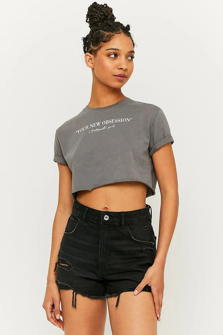 T-shirt gris TALLY WEIJL, modèle court avec manches roulées et impression de texte.