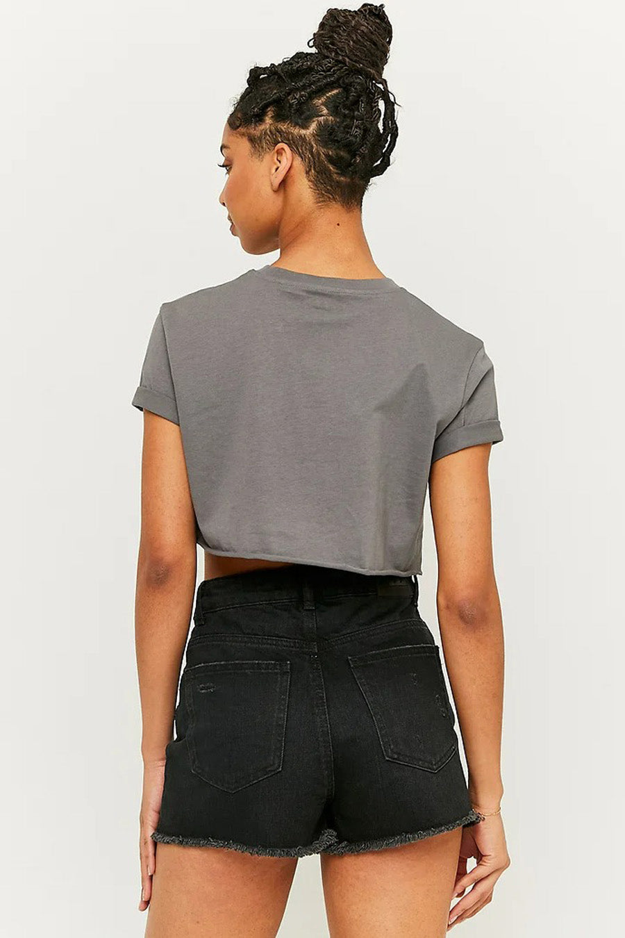 T-shirt gris de TALLY WEIJL, avec des manches courtes et des bords de manches retroussés, vu de l'arrière.