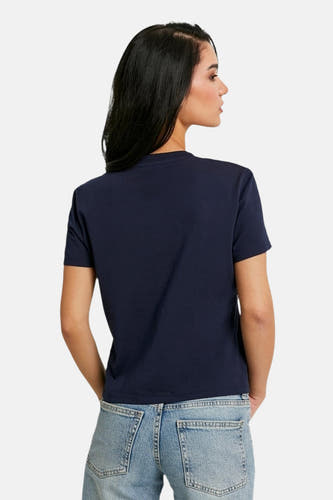 T-shirt bleu à manches courtes de TALLY WEIJL, vu de dos, combiné avec un jean.