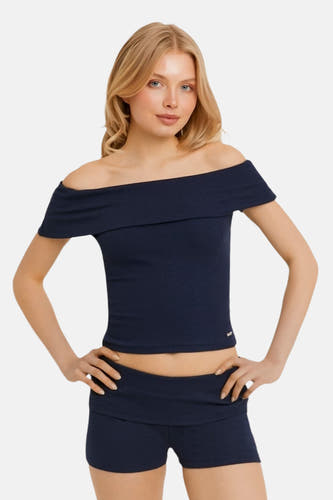 T-shirt court côtelé bleu marine à épaules dénudées de TALLY WEIJL, coupe courte avec short assorti.