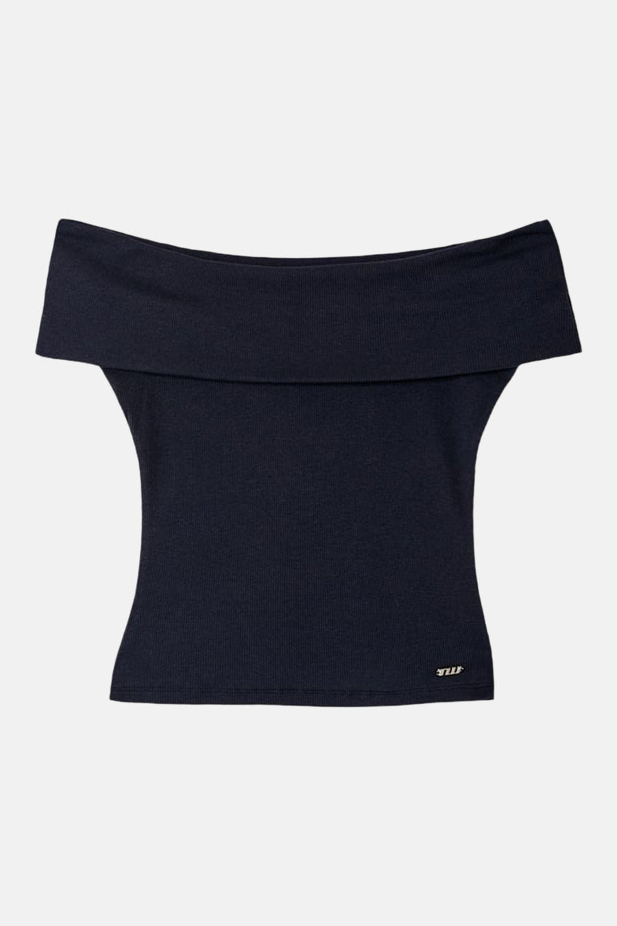 T-shirt bleu foncé avec texture côtelée et encolure épaules dénudées de TALLY WEIJL, avec un petit logo argenté en bas.