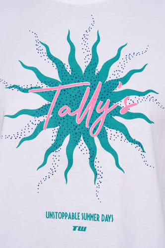 T-shirt blanc à manches courtes de TALLY WEIJL, avec une impression graphique du soleil et le texte "Jours d'été insurmontables".