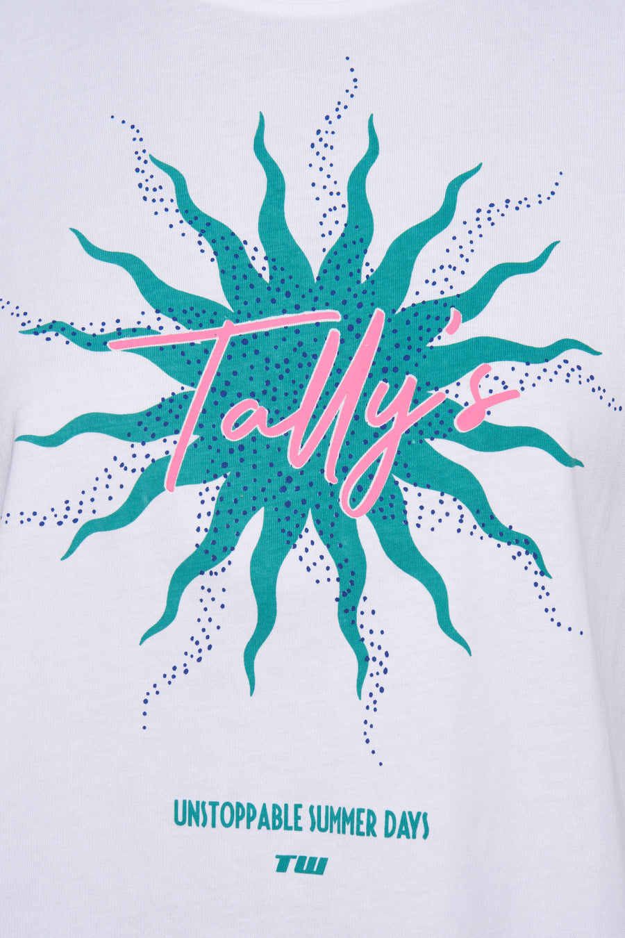 T-shirt blanc à manches courtes de TALLY WEIJL, avec une impression graphique du soleil et le texte "Jours d'été insurmontables".