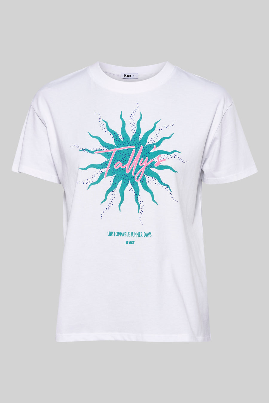 T-shirt blanc à manches courtes de TALLY WEIJL, avec des impressions de soleil turquoise et rose et du texte.