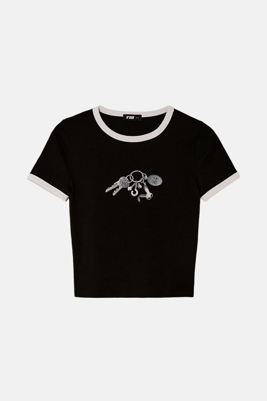 T-shirt noir à manches courtes de TALLY WEIJL, avec des bordures blanches et une impression de clé.